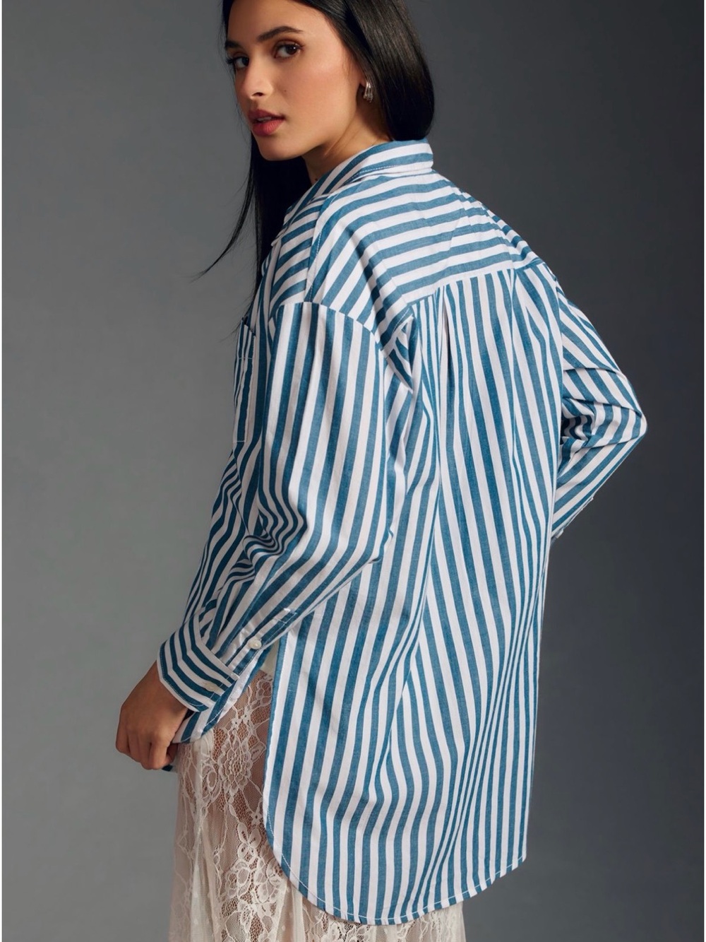 Anthropologie Maeve Green and White Bennett Striped Button-Down - Picture 2 of 5